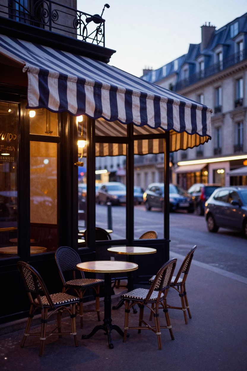Café Dawn in Paris at The Still Hours Before Dawn Light in in Paris, France