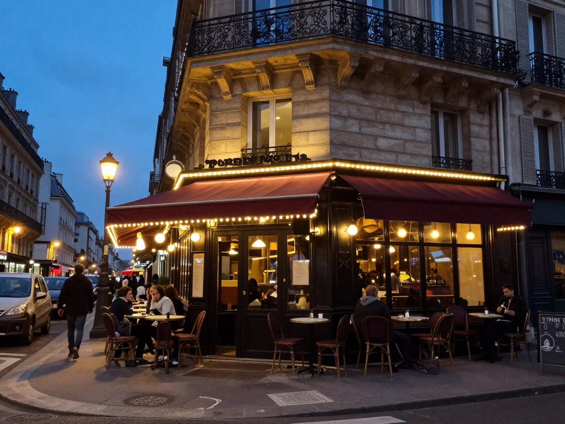 Cafe Evening in Paris at As City Lights Begin To Glow in in Paris, France