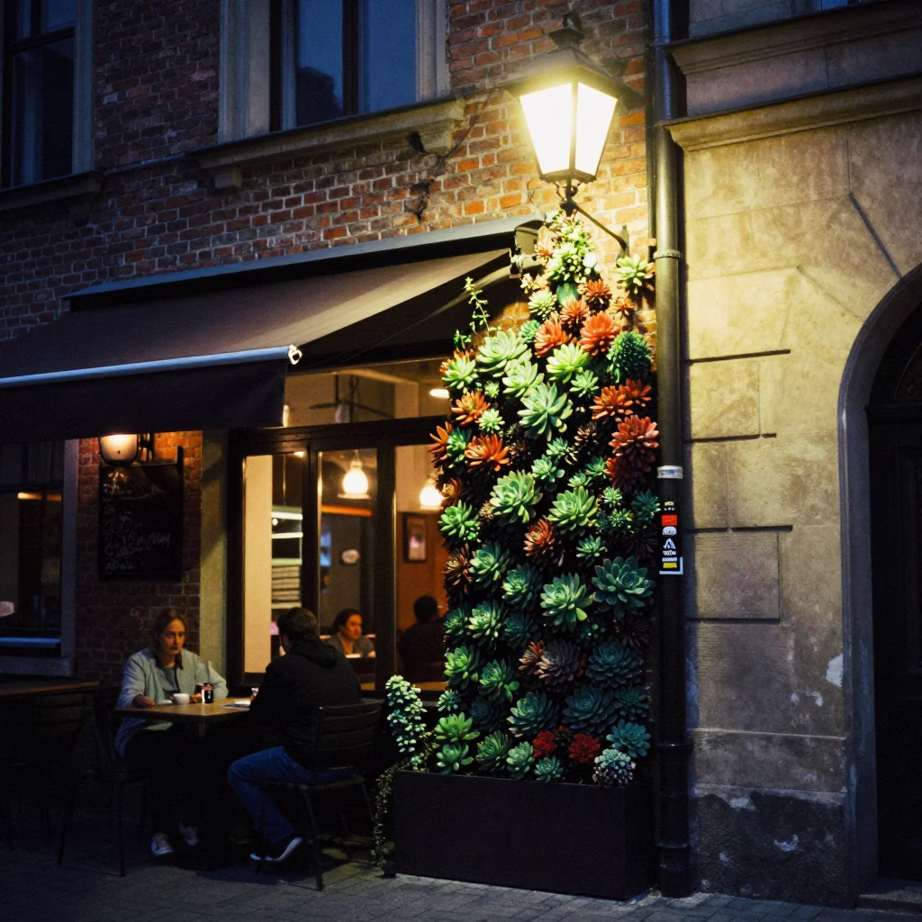 Cafe Exterior in Krakow at Late At Night Light in in Krakow, Poland