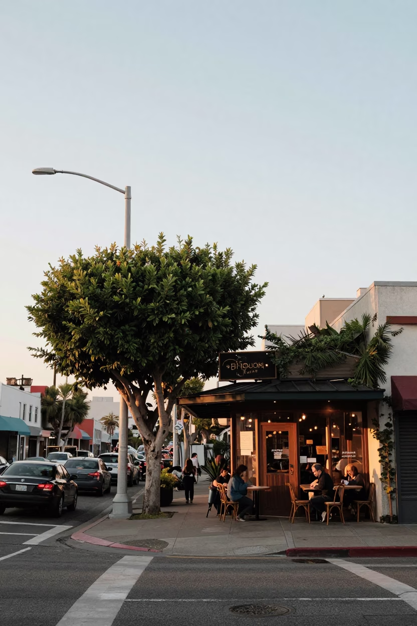 Cafe Exterior in Los Angeles at First Light Of Dawn in in Los Angeles, California, United States