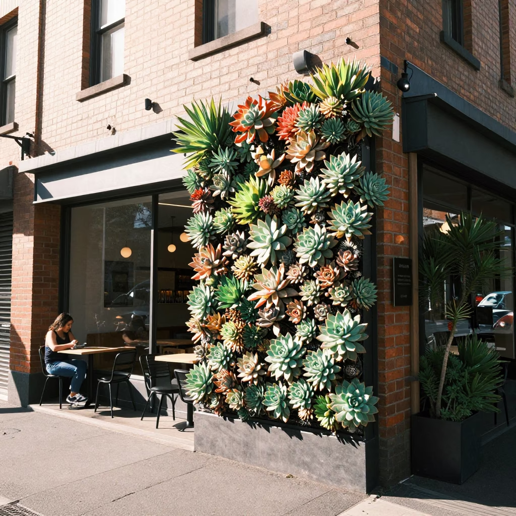 Cafe Exterior Living Wall of Succulents in Sydney Late Morning in in Sydney, New South Wales, Australia