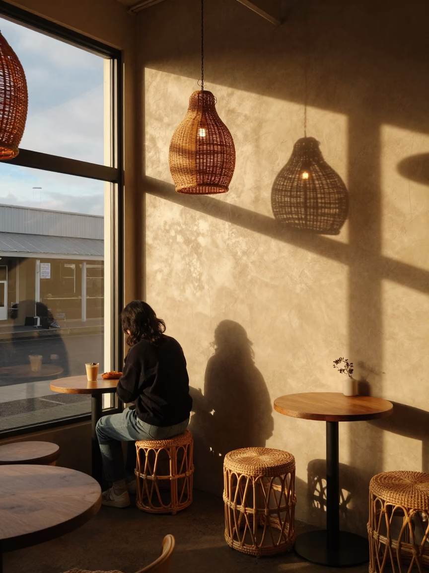 Cafe Interior at Honeyed Evening Light in Christchurch in in Christchurch, New Zealand