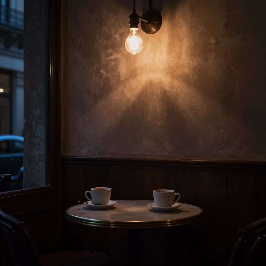 Cafe Interior at The Predawn Darkness Light in Milan in in Milan, Italy