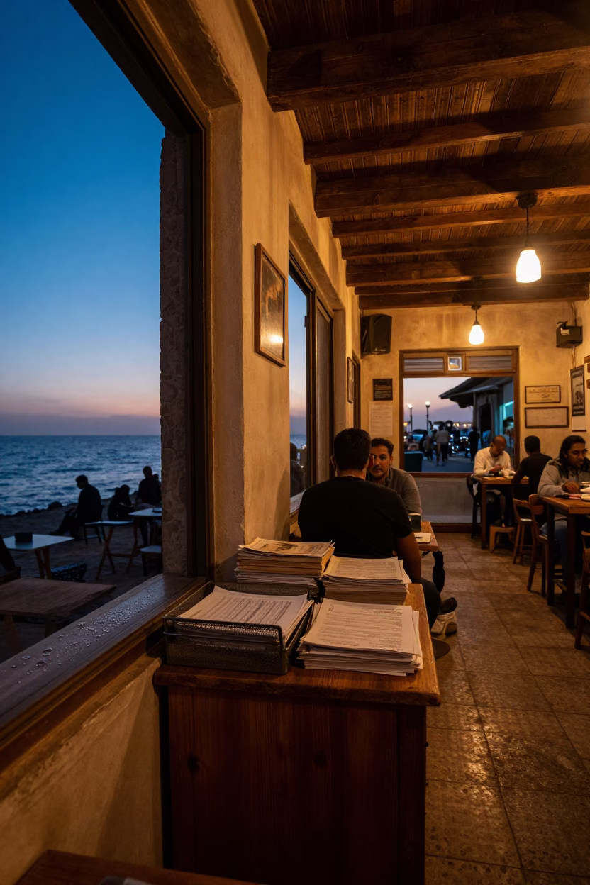 Cafe Interior in Alexandria at Indigo Twilight After Sunset in in Alexandria, Egypt