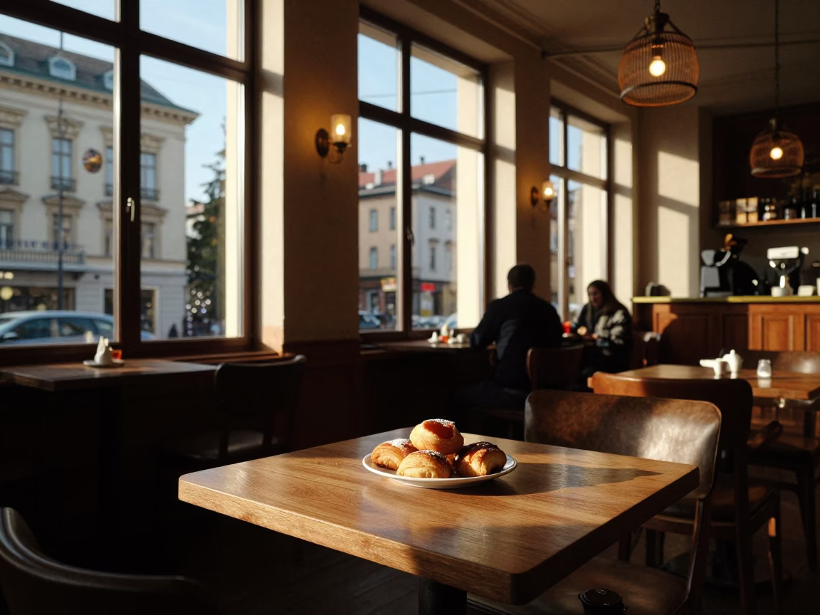 Cafe Interior in Budapest at Honeyed Evening Light in in Budapest, Hungary