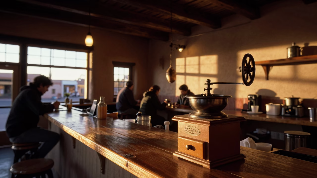 Cafe Interior in Santa Fe at The Early Evening Light in in Santa Fe, New Mexico, United States
