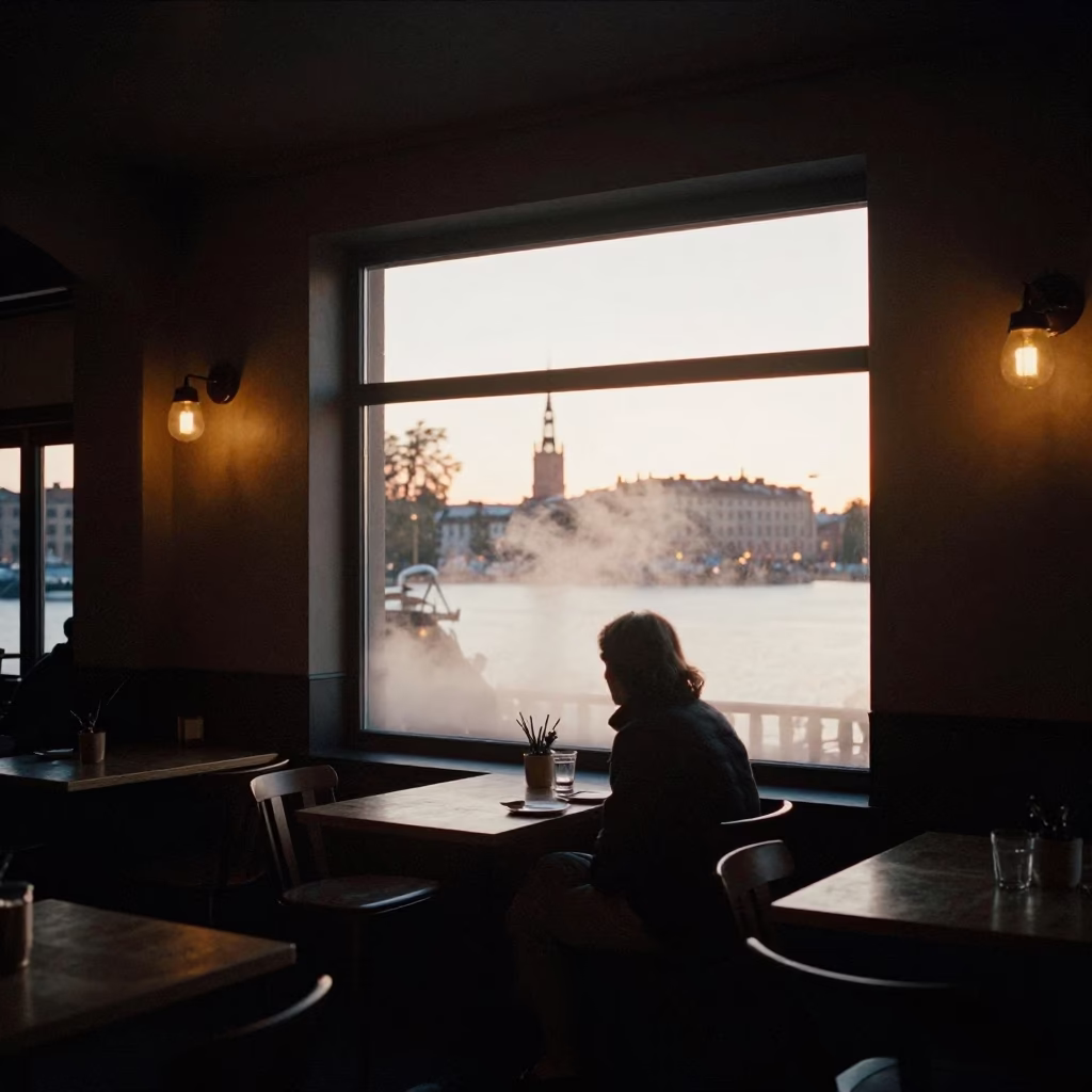 Cafe Interior in Stockholm at The Still Hours Before Dawn Light in in Stockholm, Sweden