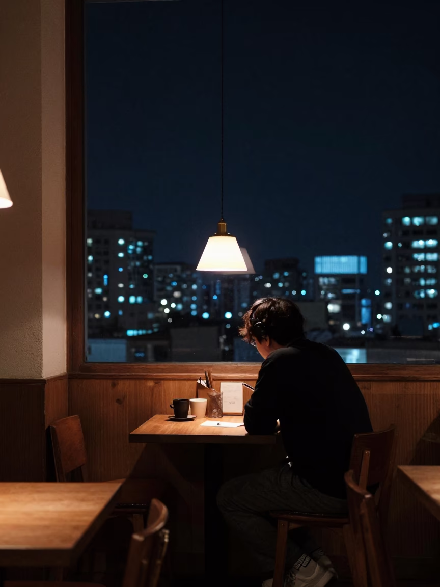 Cafe Interior in Tokyo at The Deepest Night Sky Light in in Tokyo, Japan