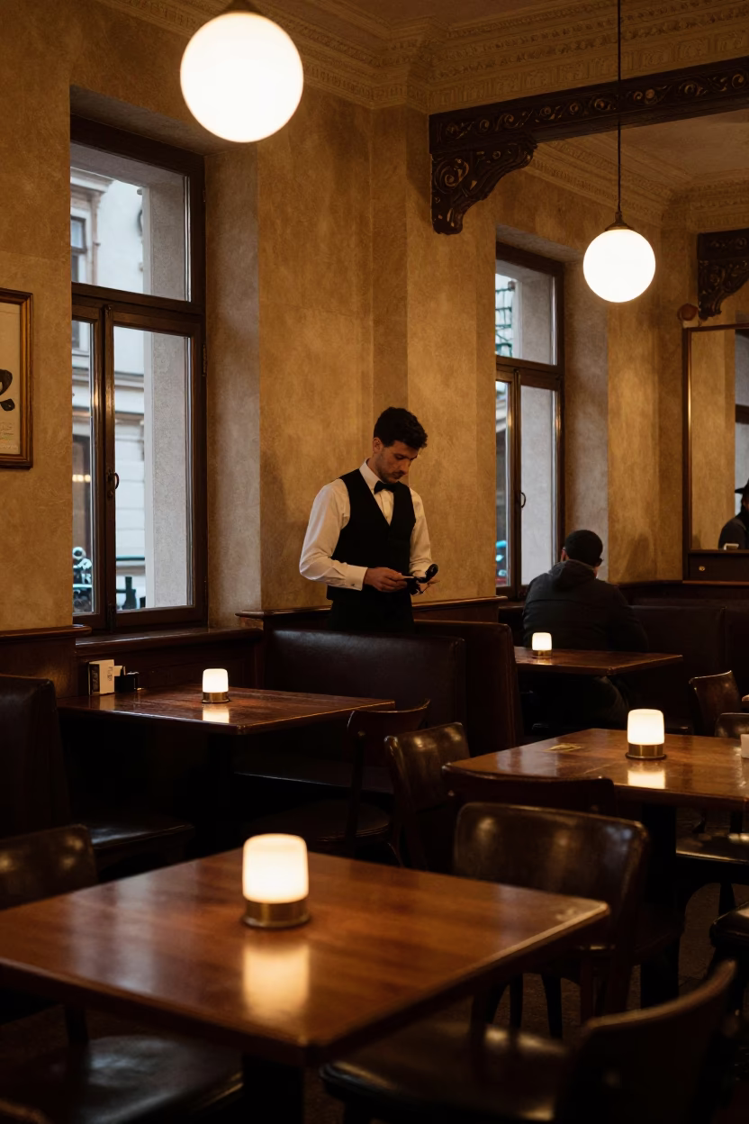 Cafe Interior in Vienna at Deep In The Night Light in in Vienna, Austria