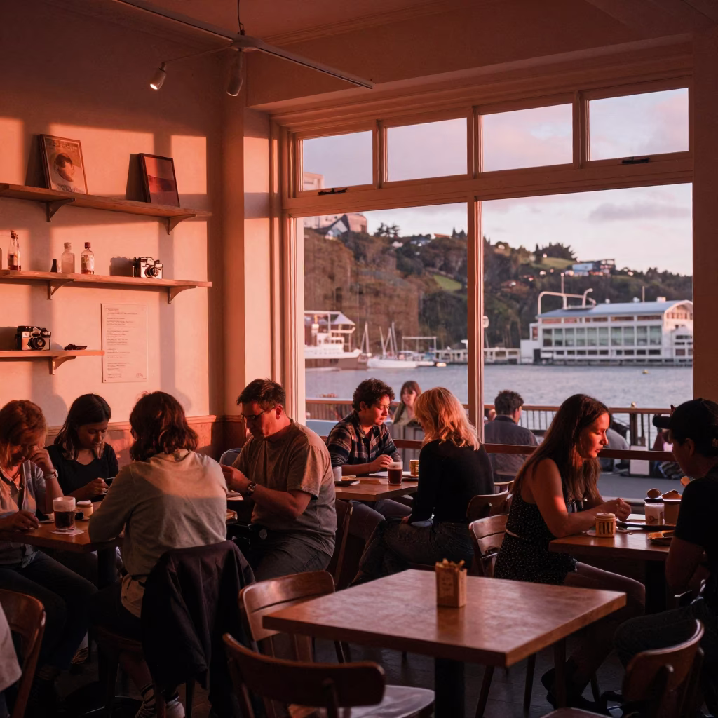 Cafe Interior in Wellington at Copper-toned Light Before Dusk in in Wellington, New Zealand