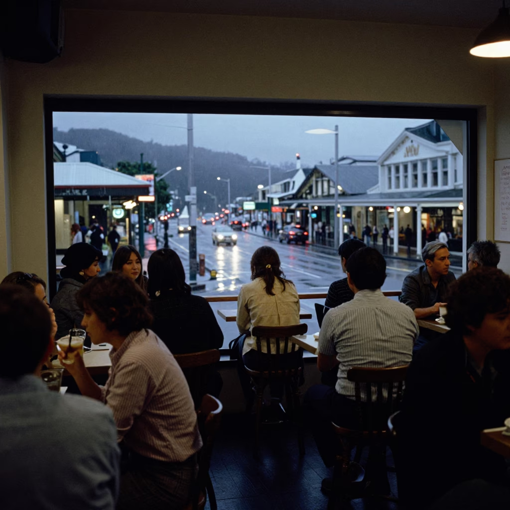 Cafe Interior in Wellington at Midnight Light in in Wellington, New Zealand