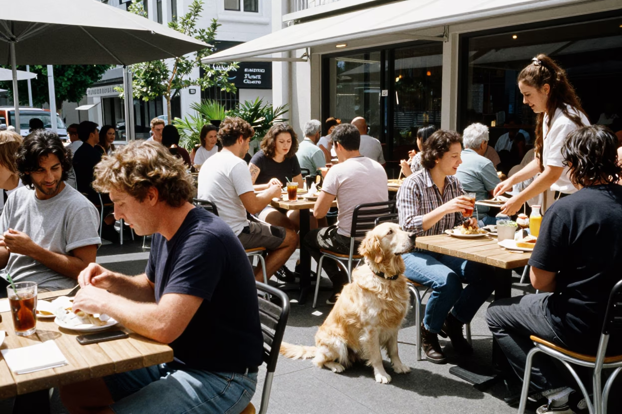 Cafe Patio at The Flat Glare Of Noon Light in Christchurch in in Christchurch, New Zealand