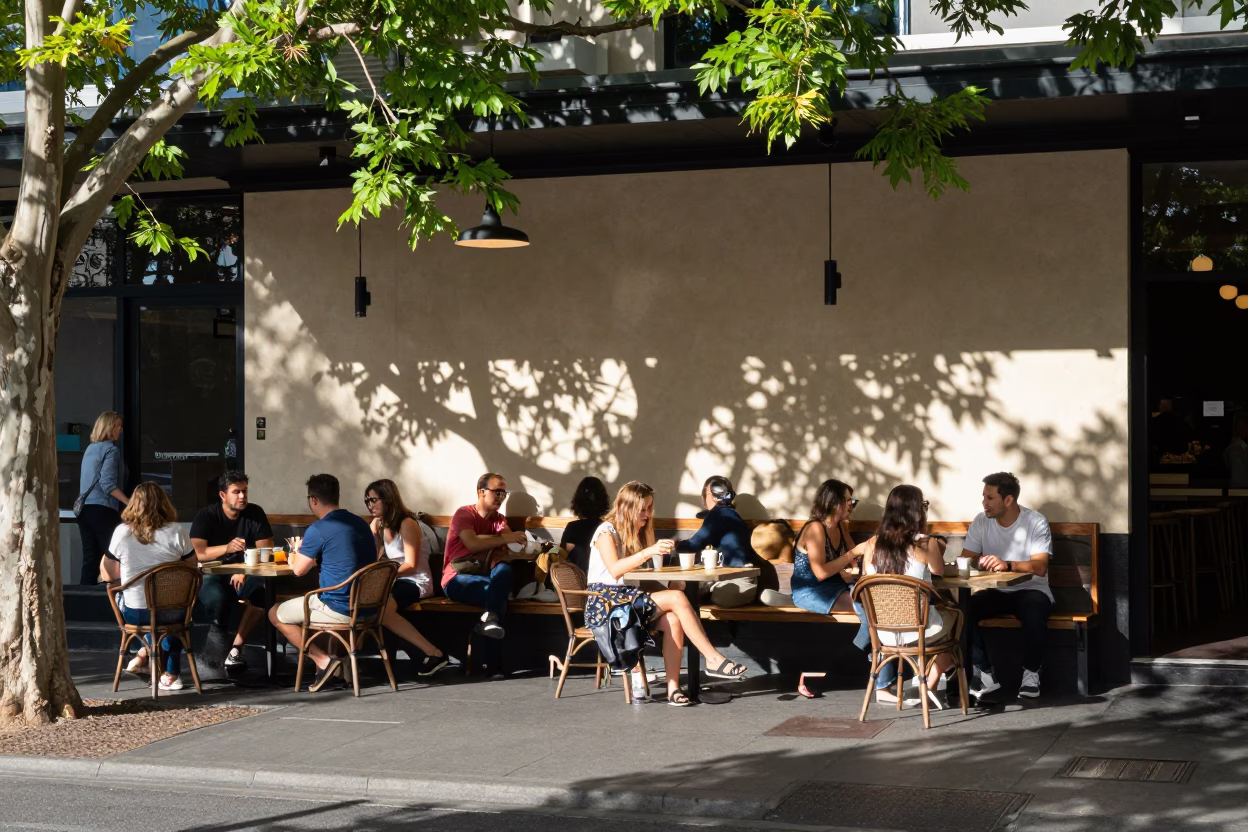 Cafe Patio in Melbourne at The Flat Glare Of Noon Light in in Melbourne, Victoria, Australia
