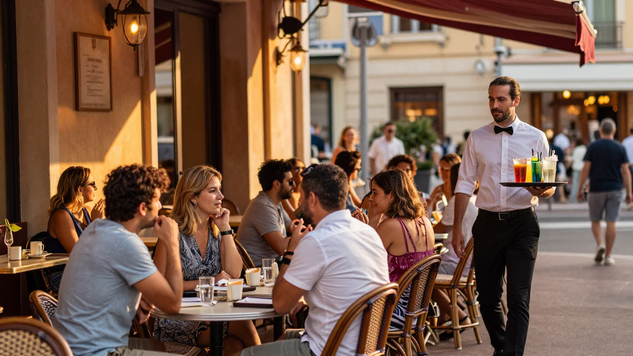 Cafe Scene at Evening Light in Nice in in Nice, France