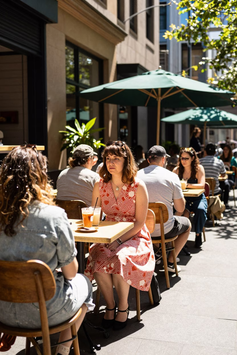 Cafe Scene at The Flat Glare Of Noon Light in Melbourne in in Melbourne, Victoria, Australia