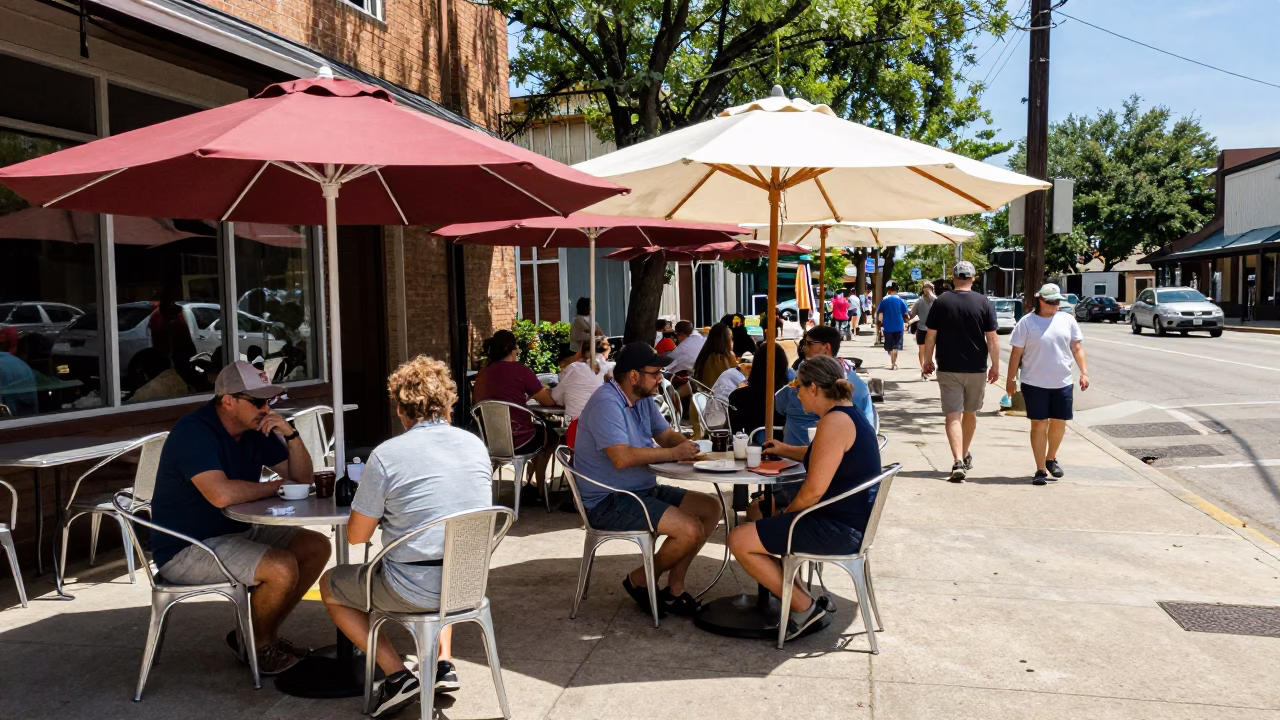 Cafe Scene in Austin at The Flat Glare Of Noon Light in in Austin, Texas, United States