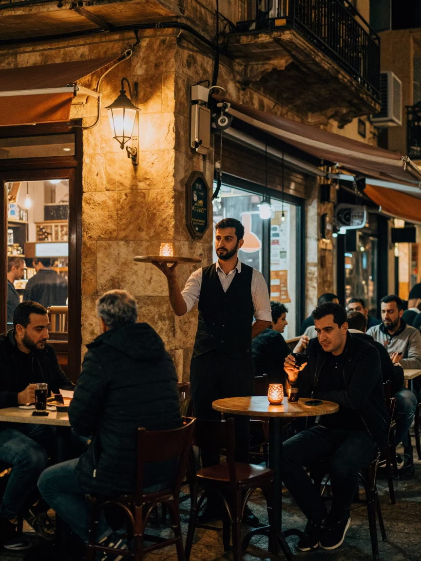 Cafe Scene in Beirut at Deep In The Night Light in in Beirut, Lebanon