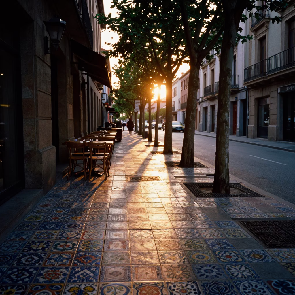 Cafe Scene in Bilbao at As The Sun Drops Toward The Horizon in in Bilbao, Spain