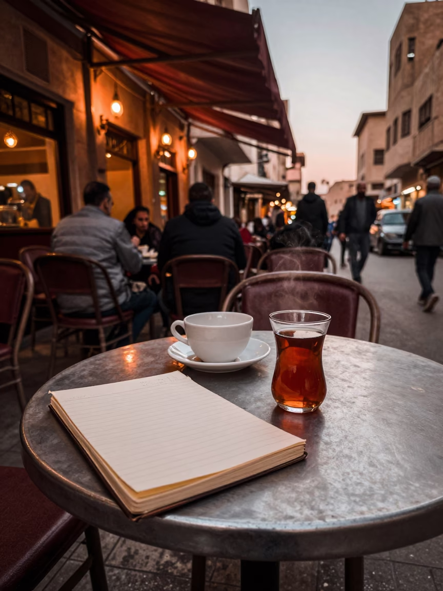 Cafe Scene in Cairo at Copper-toned Light Before Dusk in in Cairo, Egypt