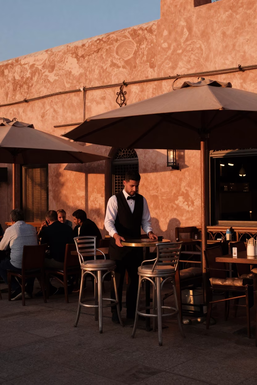 Cafe Scene in Casablanca at Copper-toned Light Before Dusk in in Casablanca, Morocco