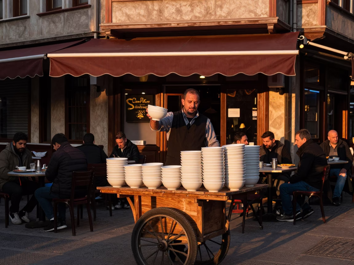 Cafe Scene in Istanbul at Copper-toned Light Before Dusk in in Istanbul, Turkey