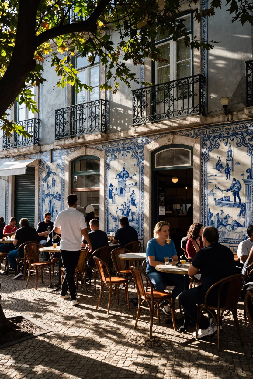 Cafe Scene in Lisbon at The Early Afternoon Light in in Lisbon, Portugal