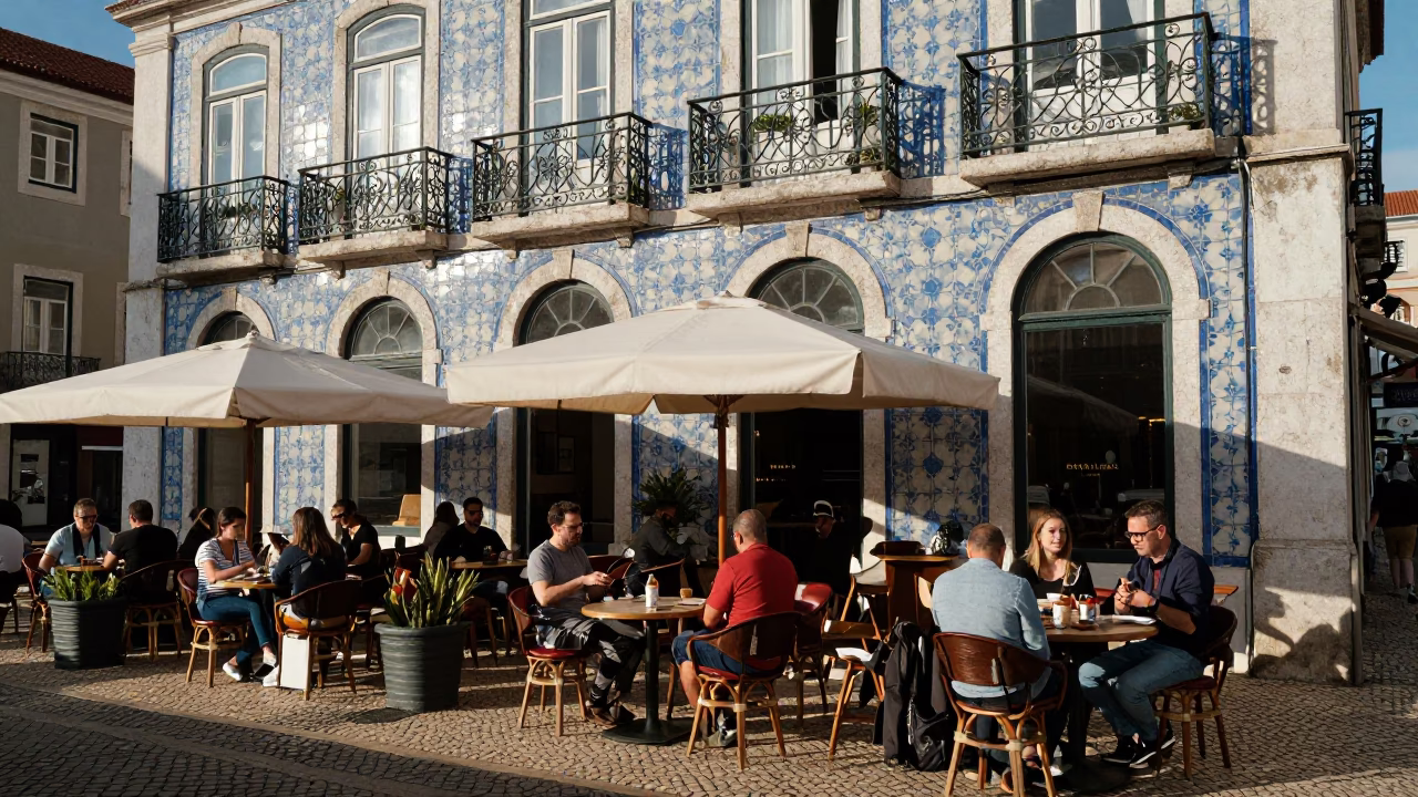 Cafe Scene in Lisbon at The Late Morning Light in in Lisbon, Portugal