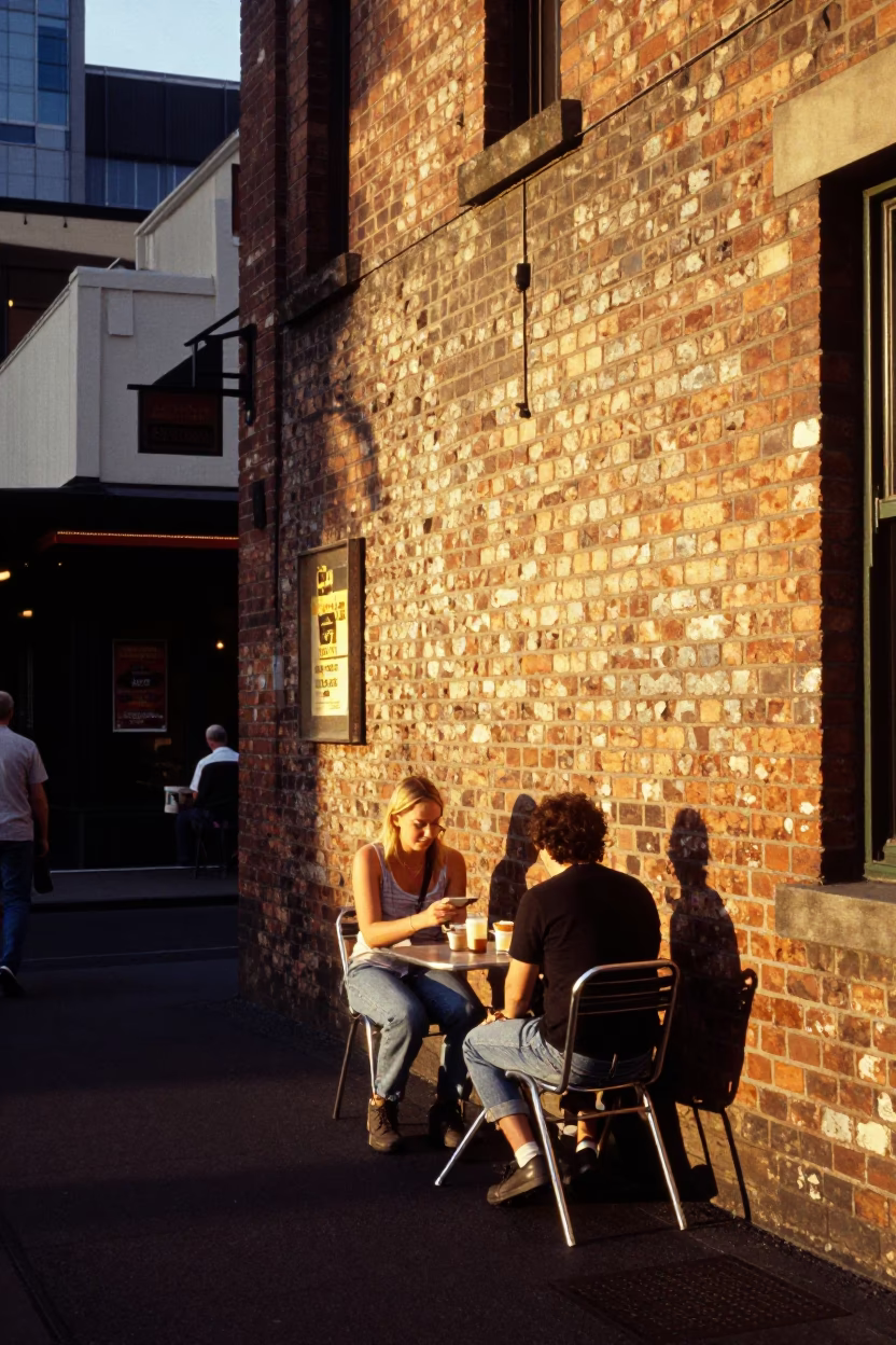 Cafe Scene in Melbourne at Honeyed Evening Light in in Melbourne, Victoria, Australia