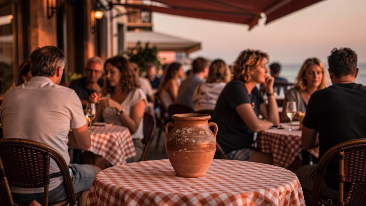 Cafe Scene in Nice at Copper-toned Light Before Dusk in in Nice, France