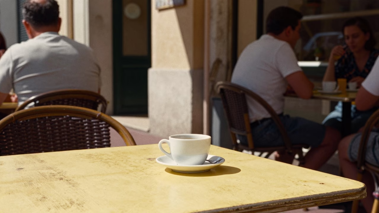Cafe Scene in Nice at The Flat Glare Of Noon Light in in Nice, France
