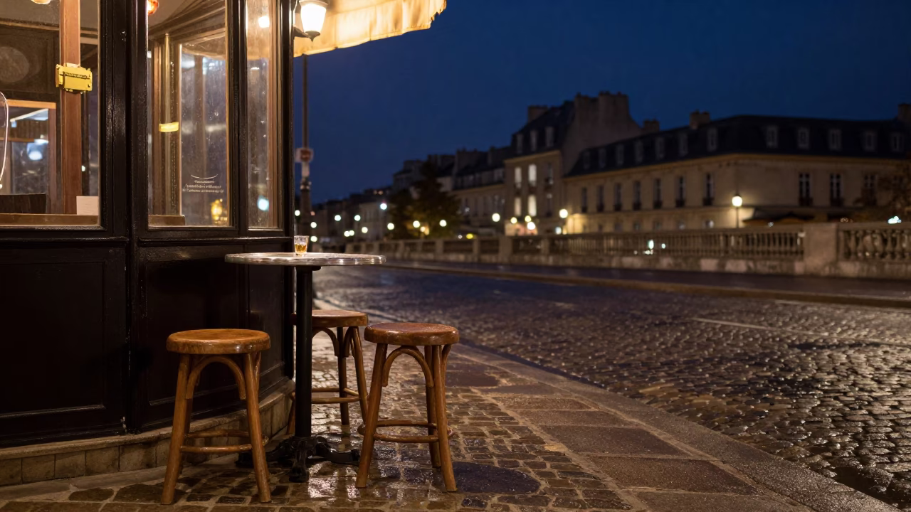 Cafe Scene in Paris at The Deepest Night Sky Light in in Paris, France