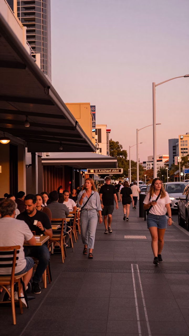 Cafe Scene in Perth at Copper-toned Light Before Dusk in in Perth, Western Australia, Australia