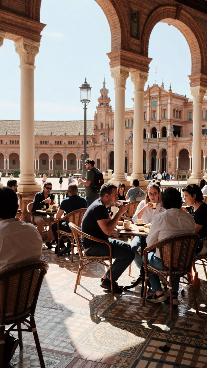Cafe Scene in Seville at Bright Midmorning Light in in Seville, Spain