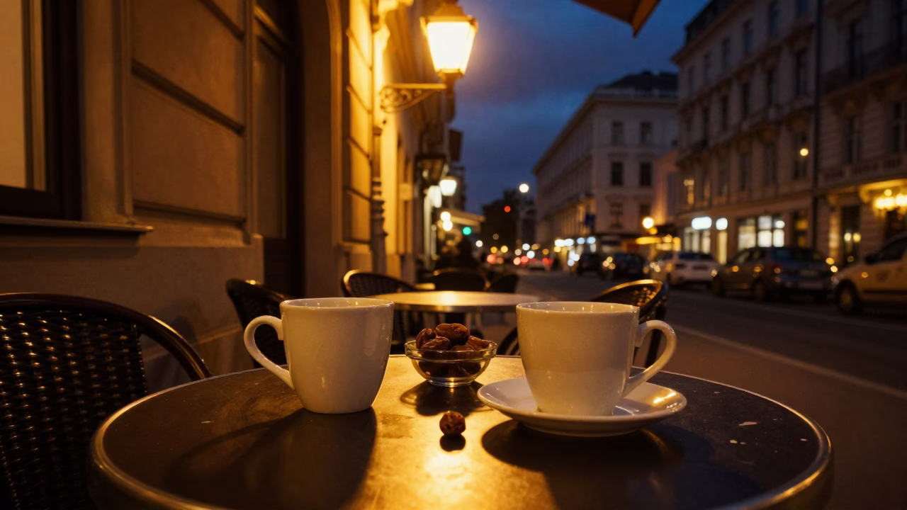 Cafe Scene in Vienna at Midnight Light in in Vienna, Austria