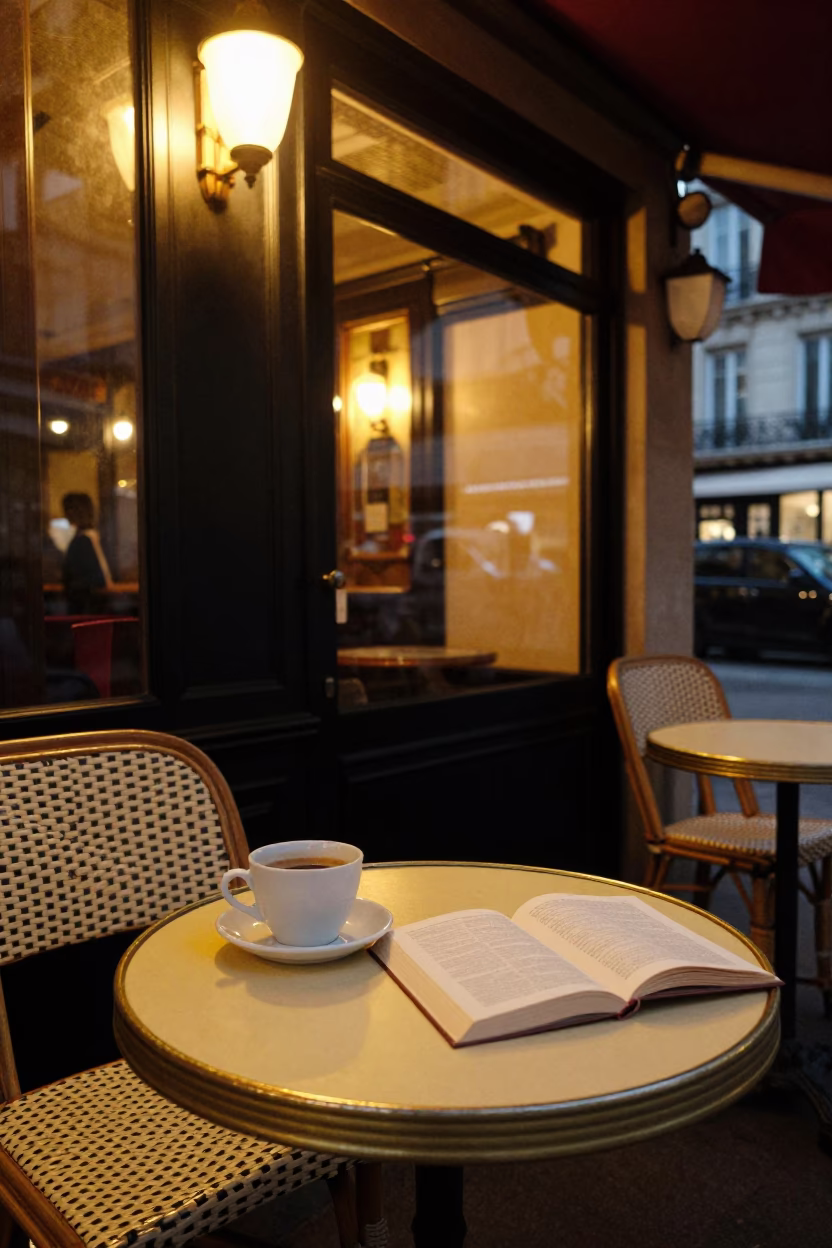 Cafe Table after dark in Paris in in Paris, France