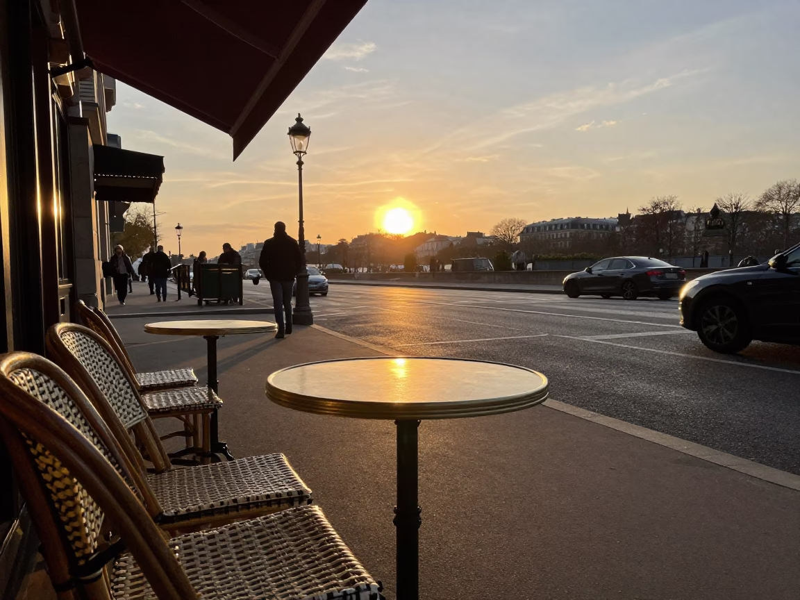 Cafe Table at As The Sun Drops Toward The Horizon in Paris in in Paris, France