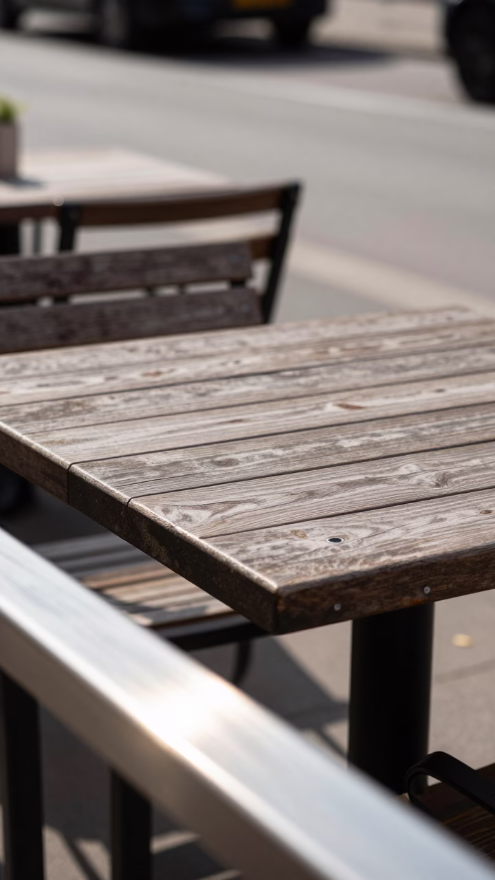 Cafe Table at Bright Midmorning Light in Copenhagen in in Copenhagen, Denmark
