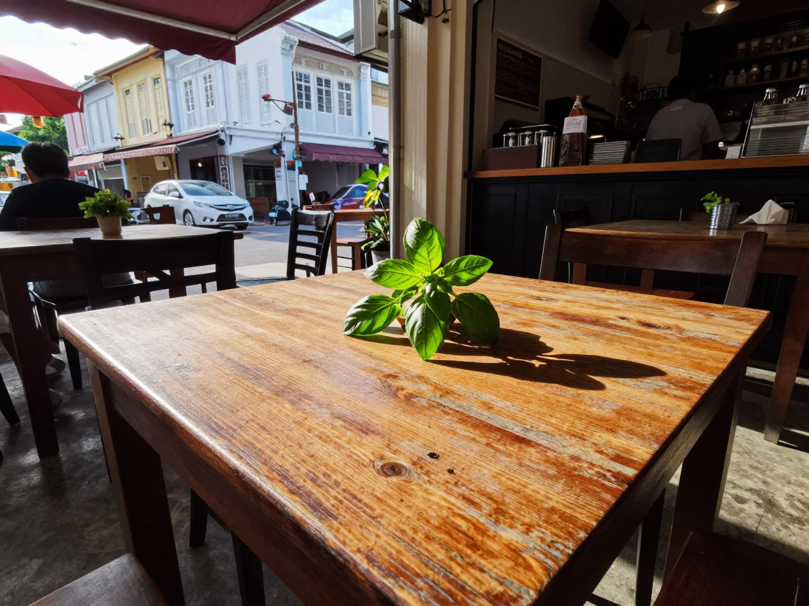 Cafe Table at Clear Late-afternoon Light in George Town in in George Town, Malaysia