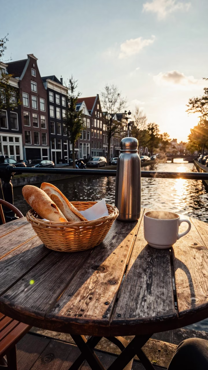 Cafe Table at Golden Hour in Amsterdam in in Amsterdam, Netherlands