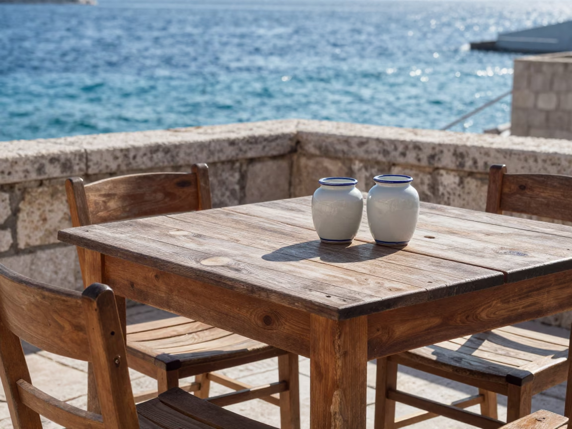 Cafe Table at The Late Morning Light in Dubrovnik in in Dubrovnik, Croatia