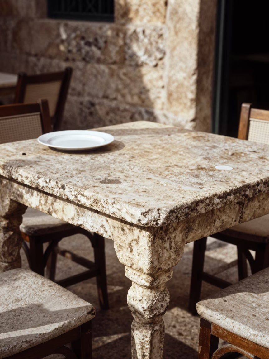 Cafe Table in Amman at As First Light Reaches The Scene in in Amman, Jordan