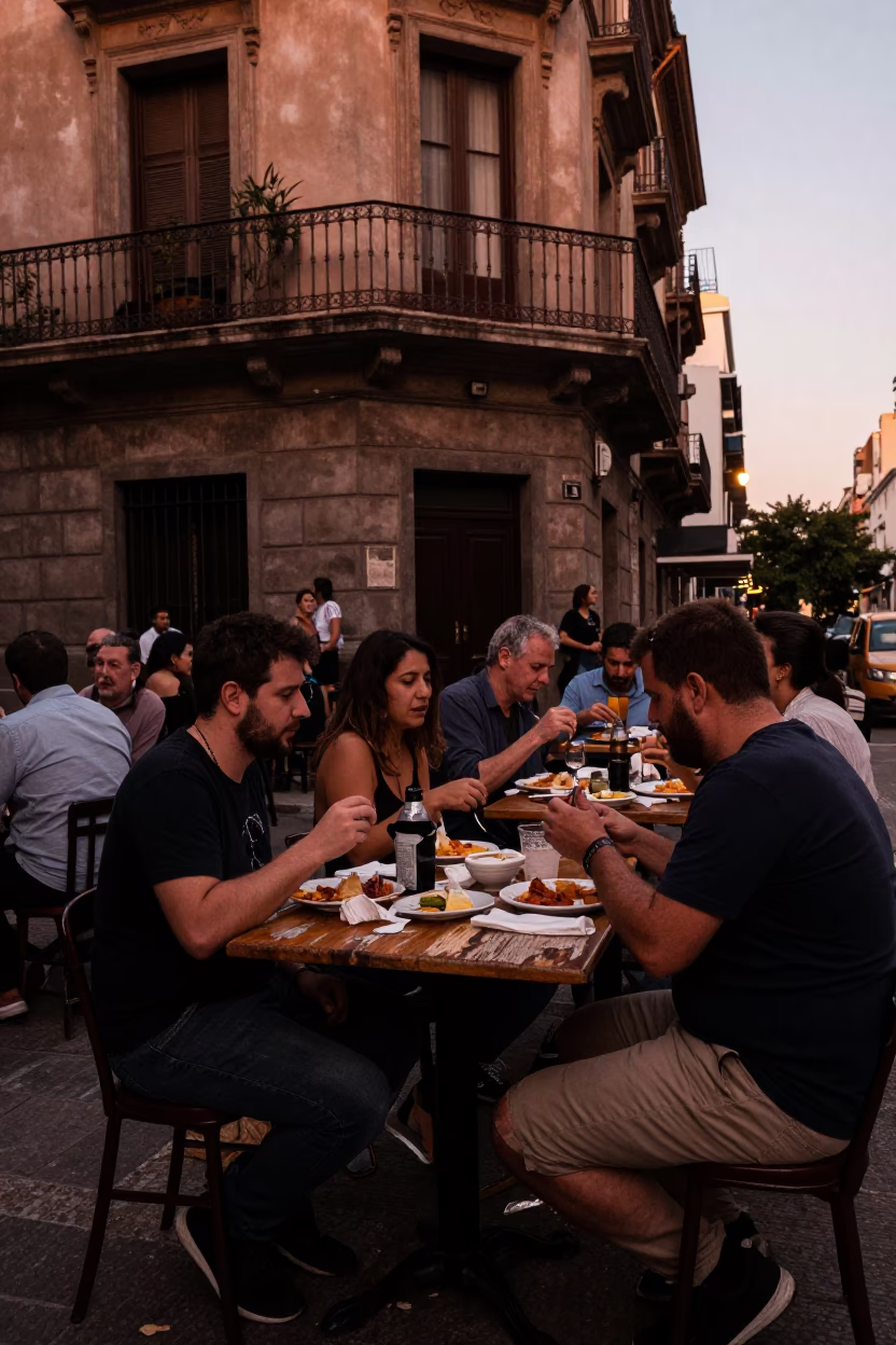 Cafe Table in Buenos Aires at Copper-toned Light Before Dusk in in Buenos Aires, Argentina