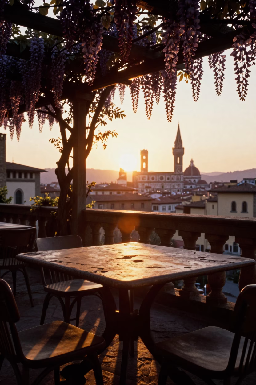Cafe Table in Florence at As The Sun Drops Toward The Horizon in in Florence, Italy