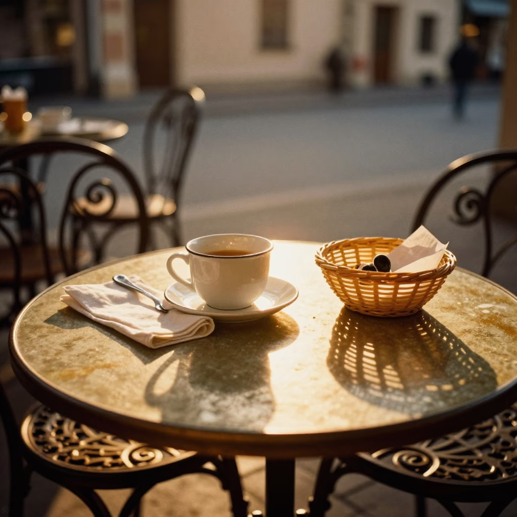 Cafe Table in Krakow at Honeyed Evening Light in in Krakow, Poland