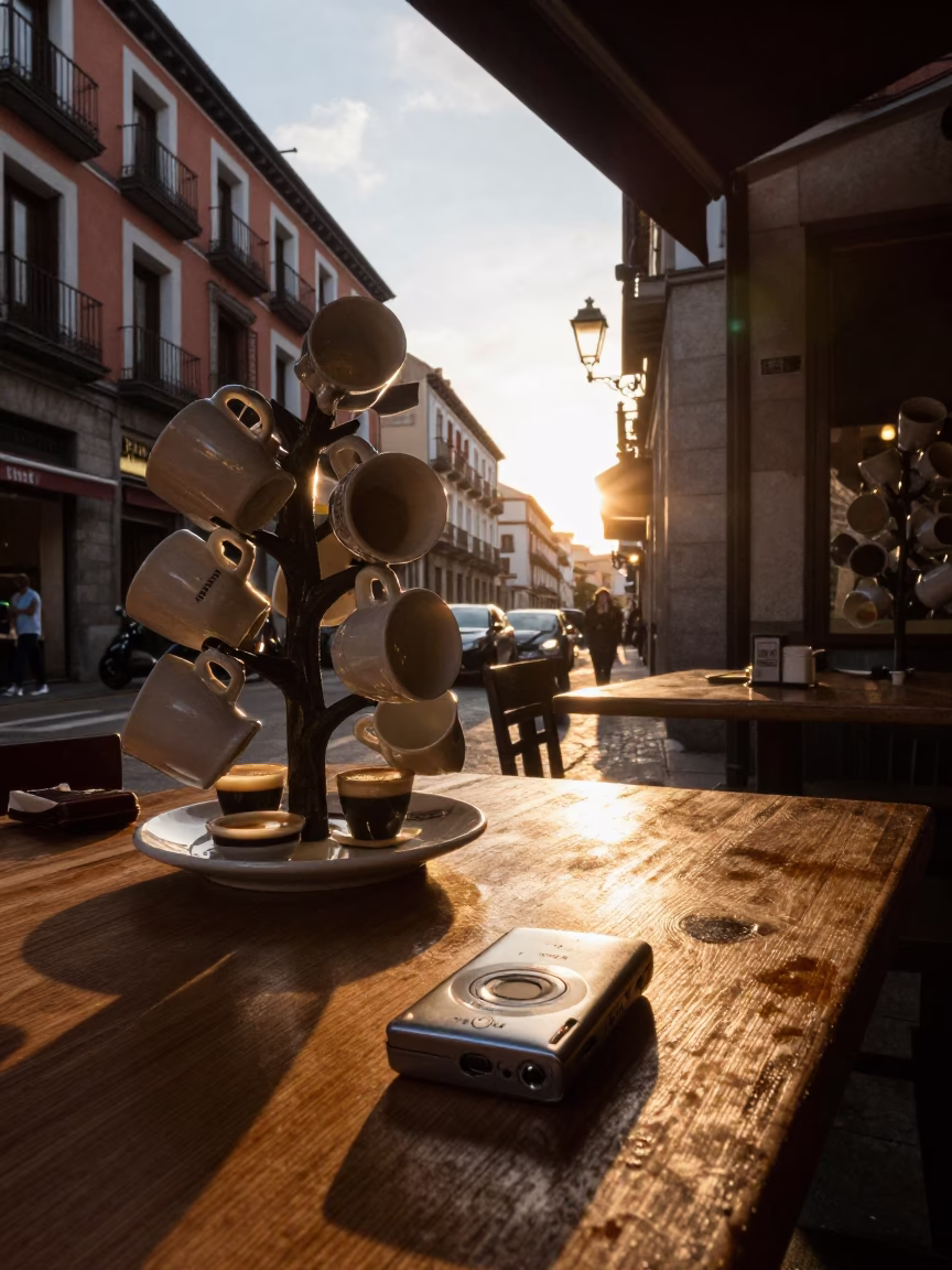 Cafe Table in Madrid at Golden Hour in in Madrid, Spain