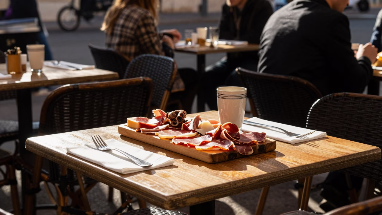 Cafe Table in Marseille at The Late Morning Light in in Marseille, France