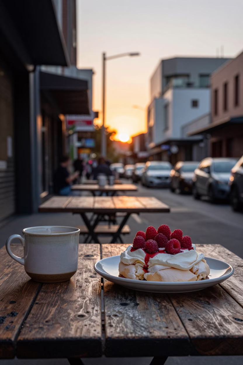 Cafe Table in Melbourne at As The Sun Drops Toward The Horizon in in Melbourne, Victoria, Australia