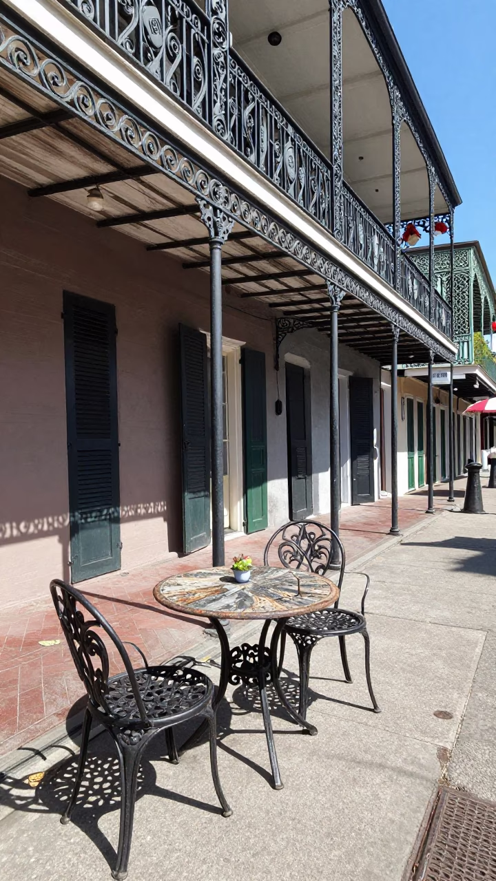 Cafe Table in New Orleans at Bright Midmorning Light in in New Orleans, Louisiana, United States