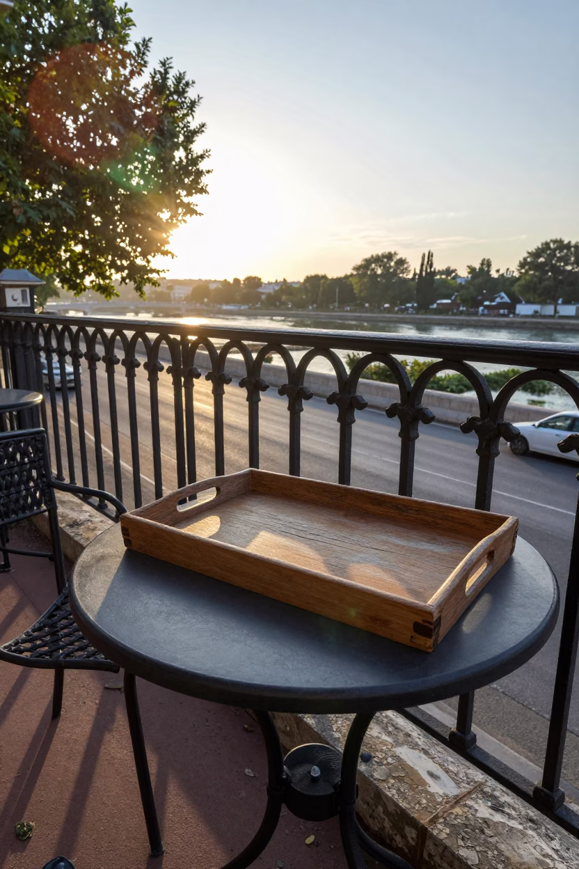 Cafe Table in Nice at As First Light Reaches The Scene in in Nice, France