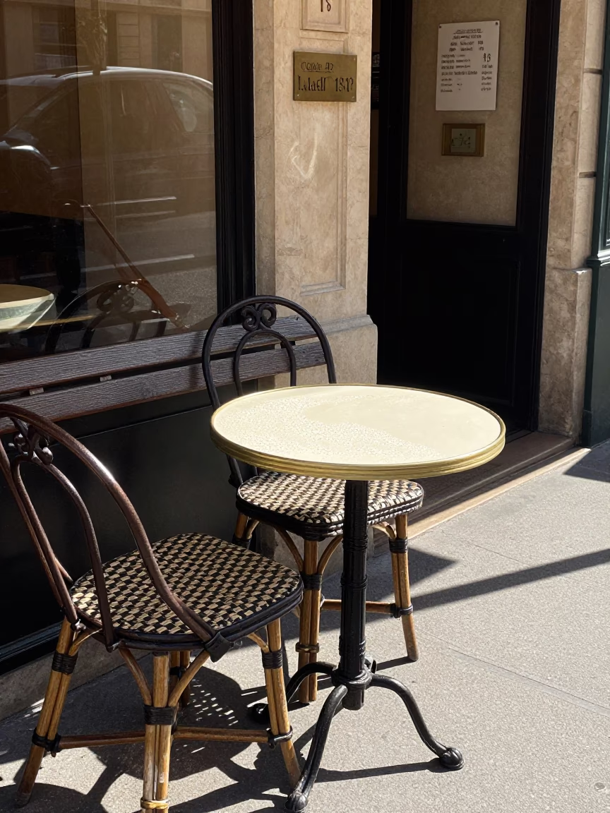 Cafe Table in Paris at Bright Midmorning Light in in Paris, France